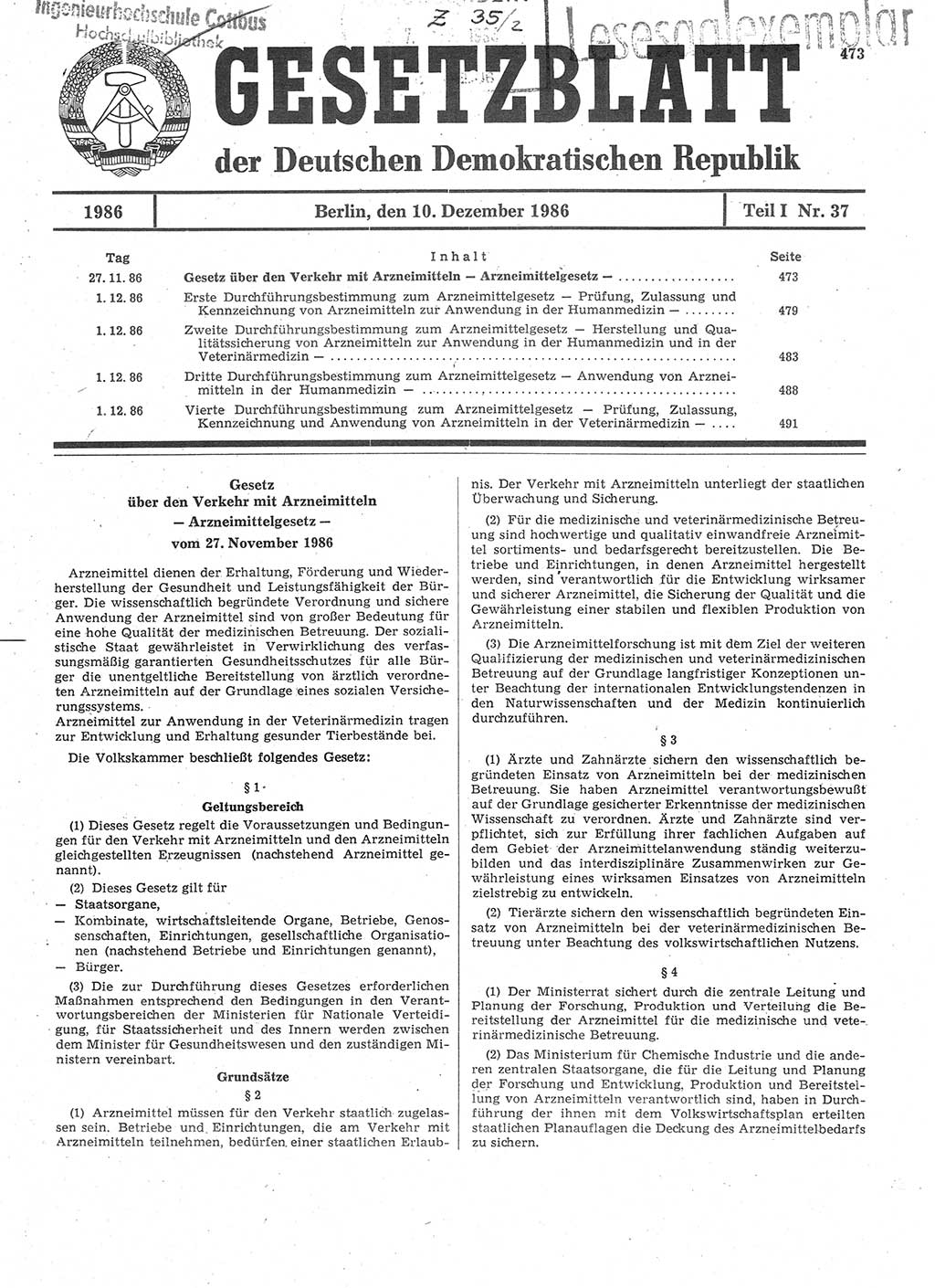 Gesetzblatt (GBl.) der Deutschen Demokratischen Republik (DDR) Teil Ⅰ 1986, Seite 473 (GBl. DDR Ⅰ 1986, S. 473)