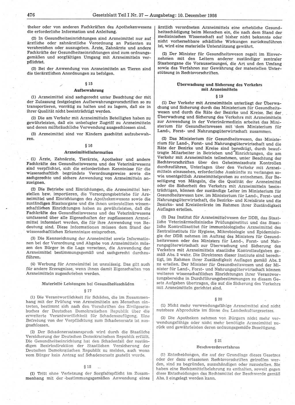 Gesetzblatt (GBl.) der Deutschen Demokratischen Republik (DDR) Teil Ⅰ 1986, Seite 476 (GBl. DDR Ⅰ 1986, S. 476)