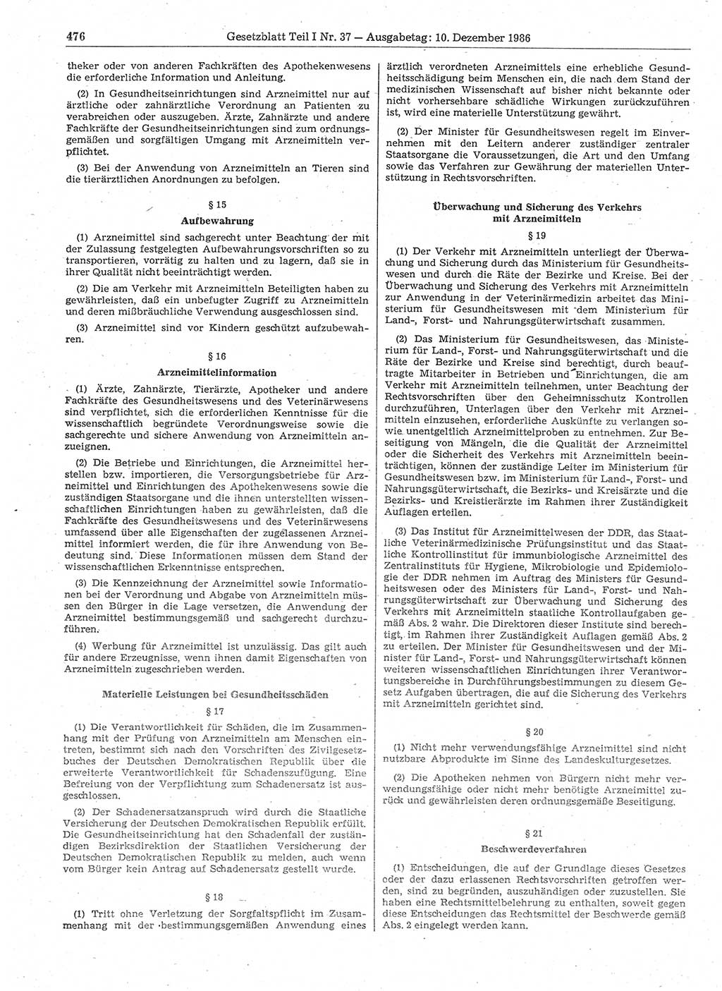 Gesetzblatt (GBl.) der Deutschen Demokratischen Republik (DDR) Teil Ⅰ 1986, Seite 476 (GBl. DDR Ⅰ 1986, S. 476)