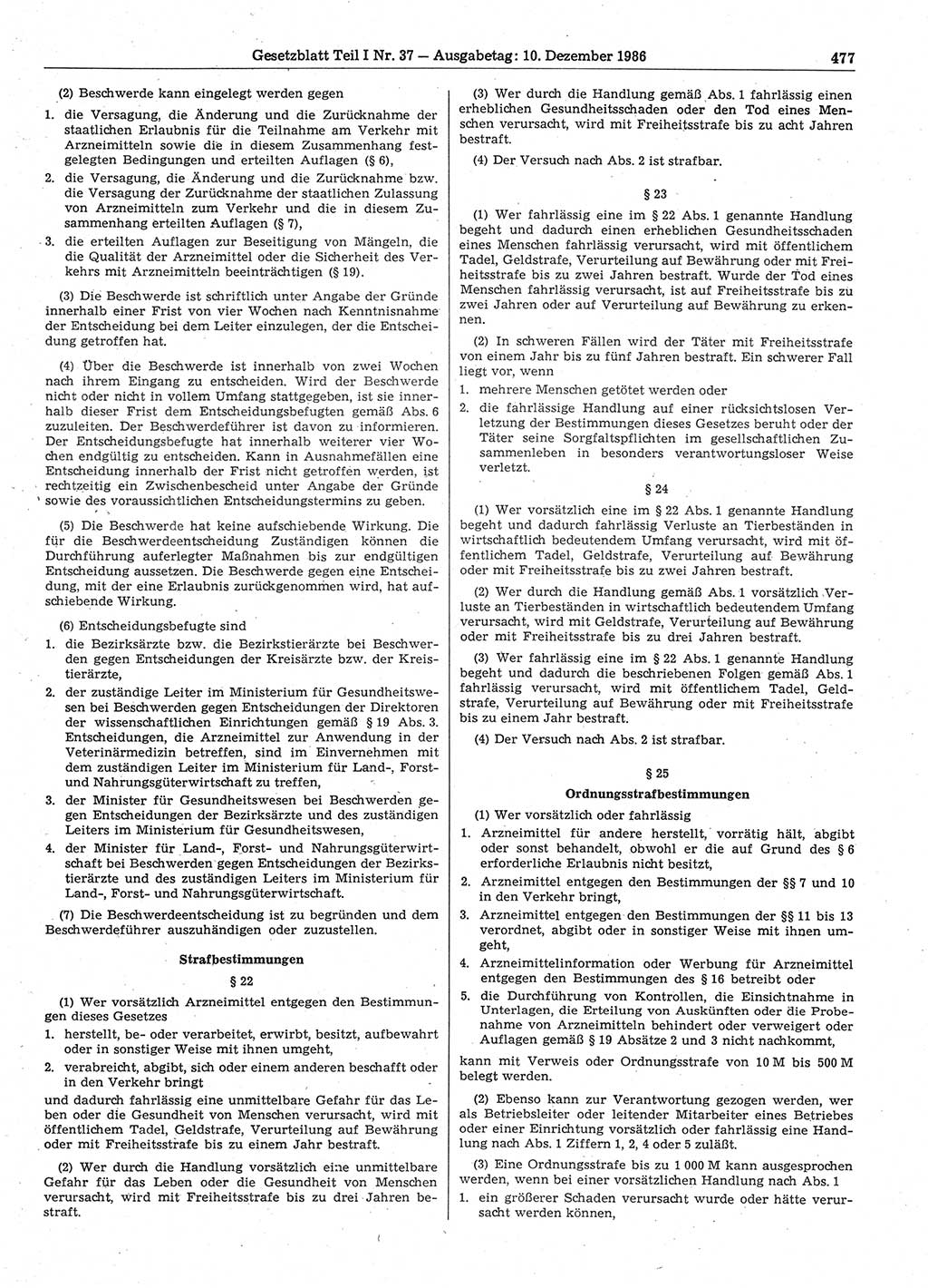 Gesetzblatt (GBl.) der Deutschen Demokratischen Republik (DDR) Teil Ⅰ 1986, Seite 477 (GBl. DDR Ⅰ 1986, S. 477)