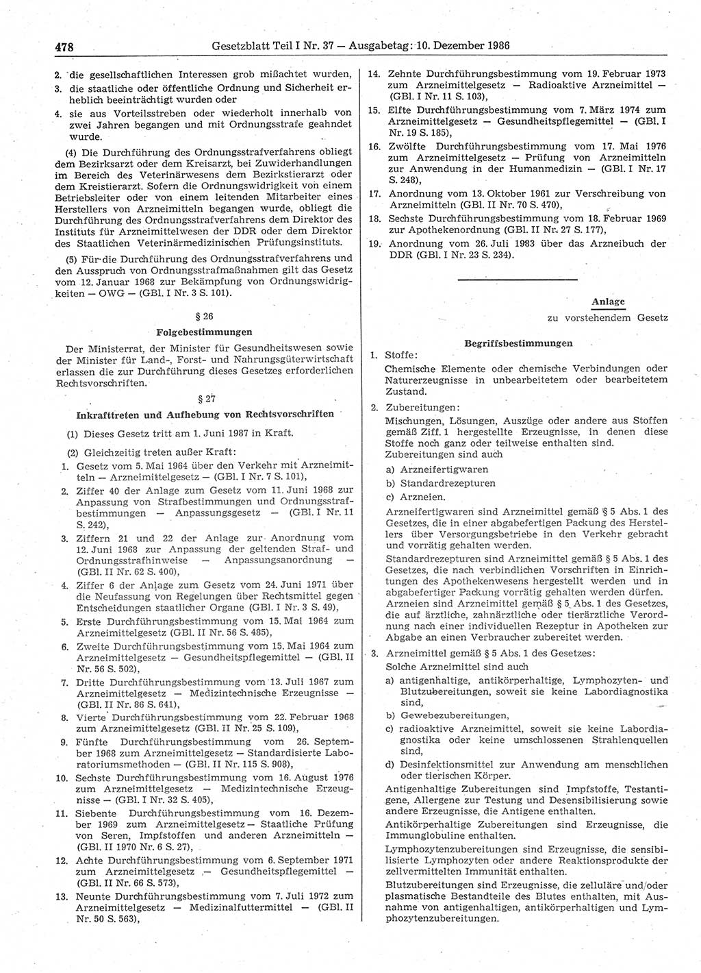 Gesetzblatt (GBl.) der Deutschen Demokratischen Republik (DDR) Teil Ⅰ 1986, Seite 478 (GBl. DDR Ⅰ 1986, S. 478)