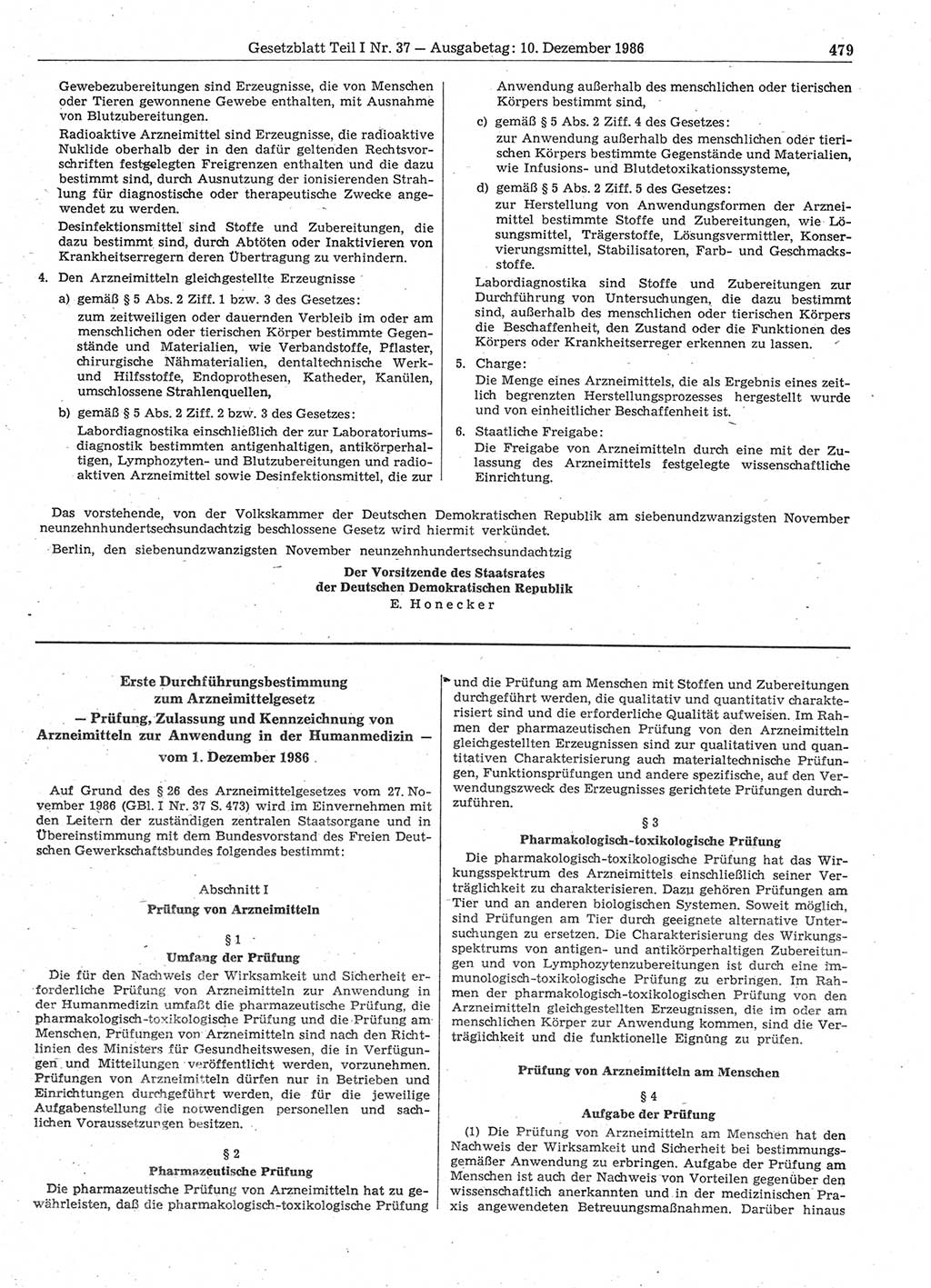 Gesetzblatt (GBl.) der Deutschen Demokratischen Republik (DDR) Teil Ⅰ 1986, Seite 479 (GBl. DDR Ⅰ 1986, S. 479)