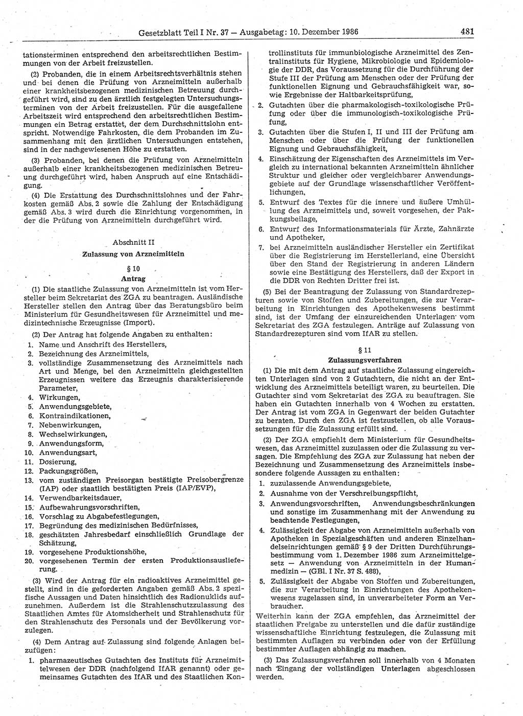 Gesetzblatt (GBl.) der Deutschen Demokratischen Republik (DDR) Teil Ⅰ 1986, Seite 481 (GBl. DDR Ⅰ 1986, S. 481)