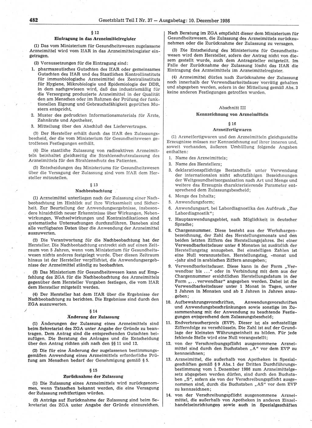 Gesetzblatt (GBl.) der Deutschen Demokratischen Republik (DDR) Teil Ⅰ 1986, Seite 482 (GBl. DDR Ⅰ 1986, S. 482)