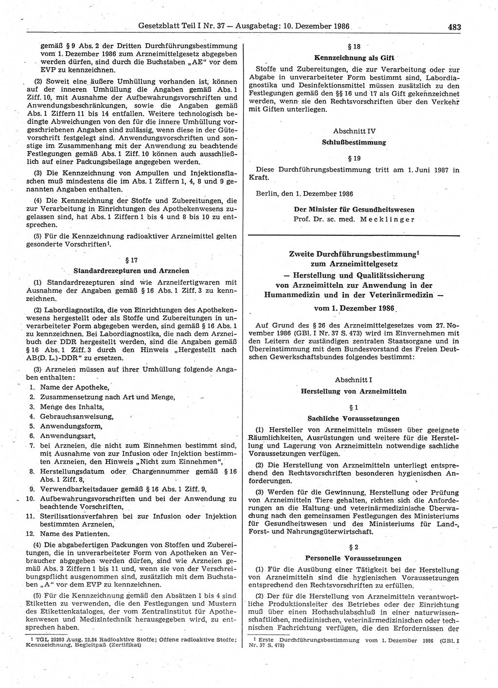 Gesetzblatt (GBl.) der Deutschen Demokratischen Republik (DDR) Teil Ⅰ 1986, Seite 483 (GBl. DDR Ⅰ 1986, S. 483)