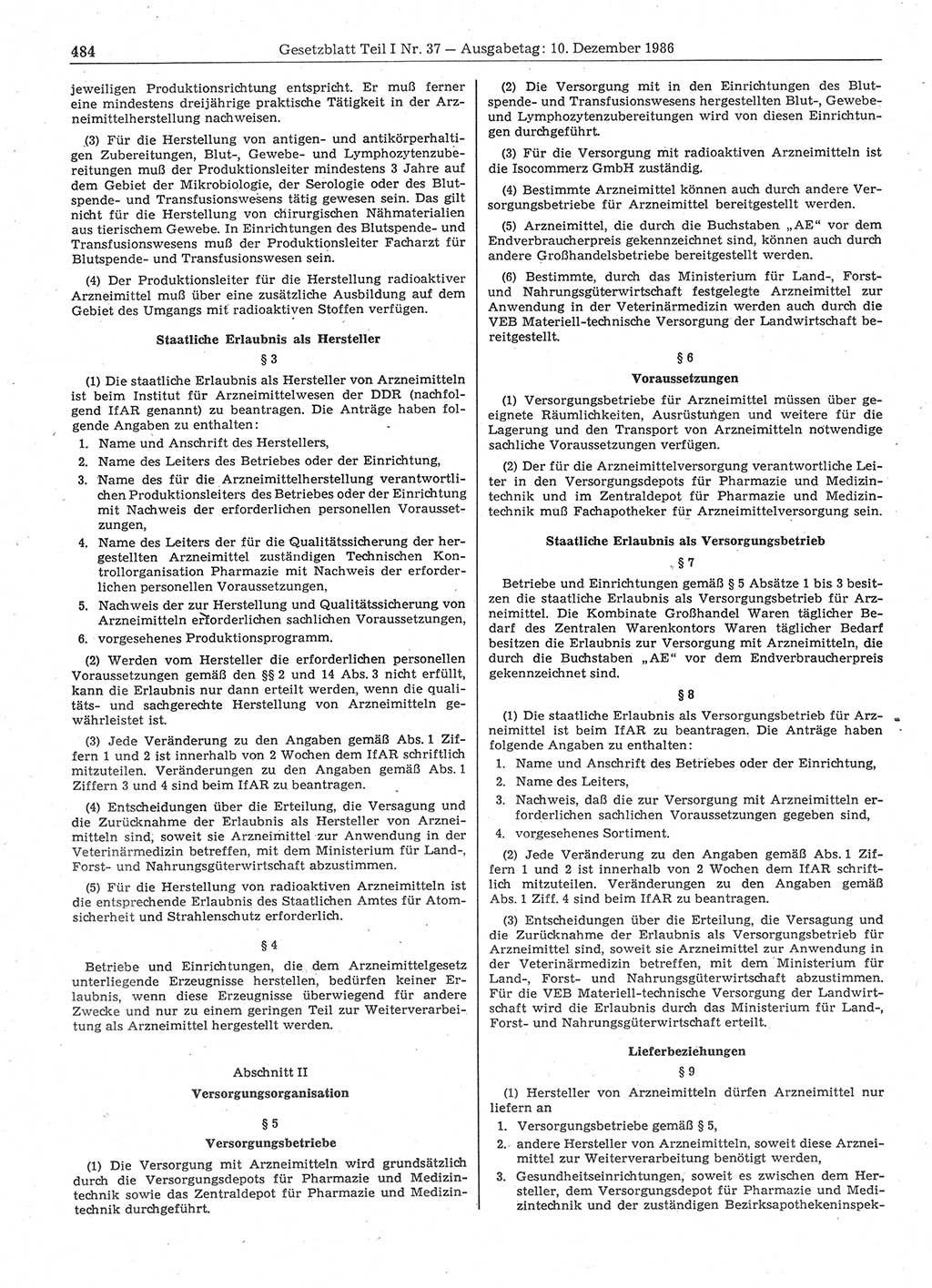 Gesetzblatt (GBl.) der Deutschen Demokratischen Republik (DDR) Teil Ⅰ 1986, Seite 484 (GBl. DDR Ⅰ 1986, S. 484)