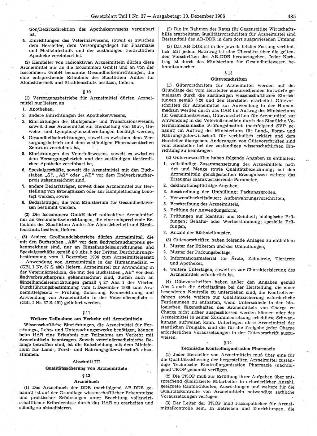 Gesetzblatt (GBl.) der Deutschen Demokratischen Republik (DDR) Teil Ⅰ 1986, Seite 485 (GBl. DDR Ⅰ 1986, S. 485)