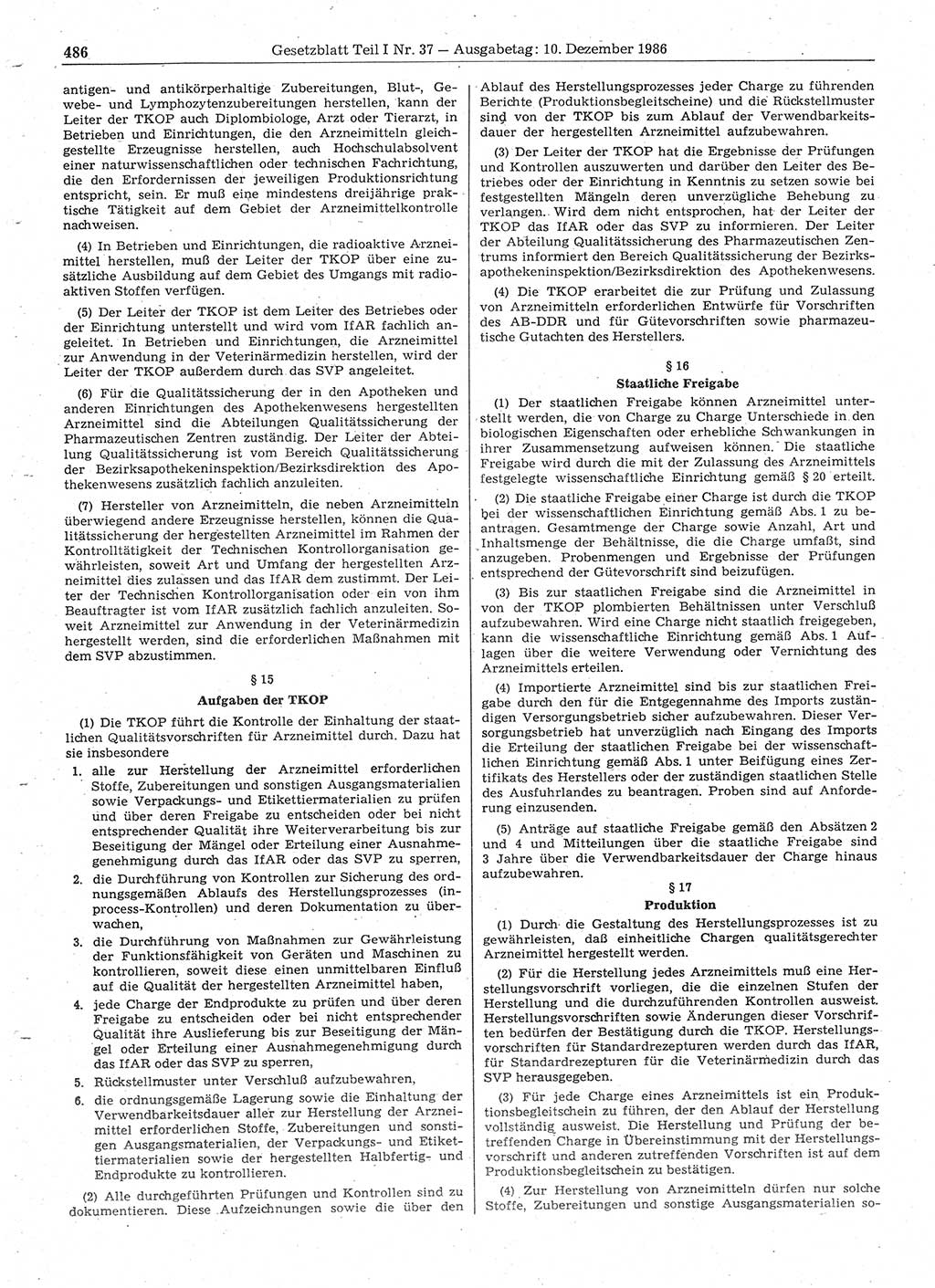 Gesetzblatt (GBl.) der Deutschen Demokratischen Republik (DDR) Teil Ⅰ 1986, Seite 486 (GBl. DDR Ⅰ 1986, S. 486)