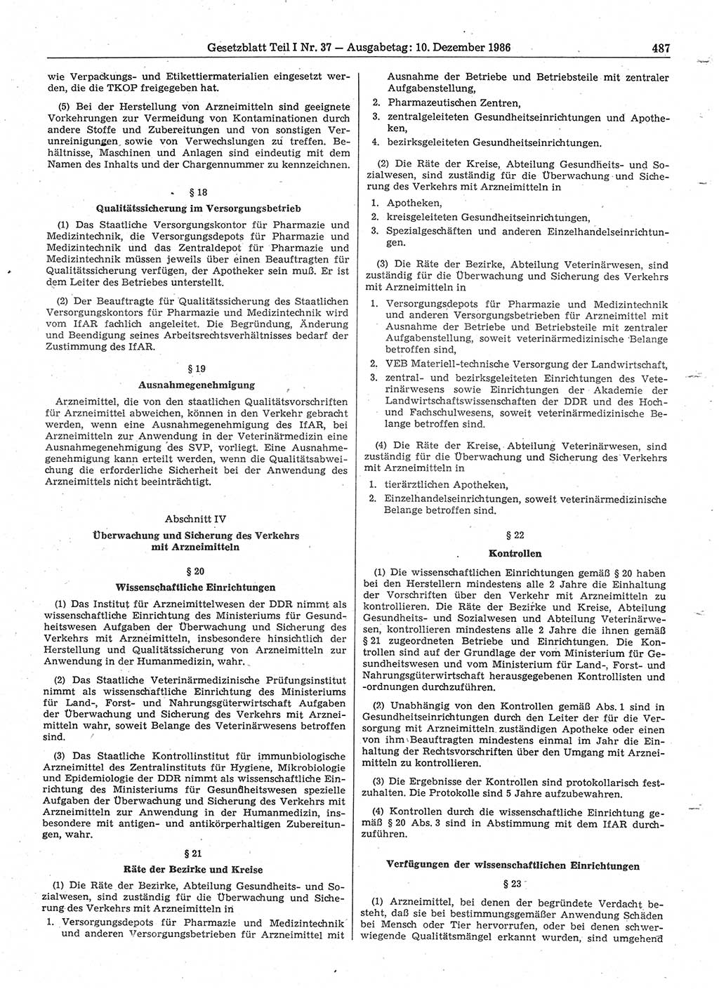 Gesetzblatt (GBl.) der Deutschen Demokratischen Republik (DDR) Teil Ⅰ 1986, Seite 487 (GBl. DDR Ⅰ 1986, S. 487)