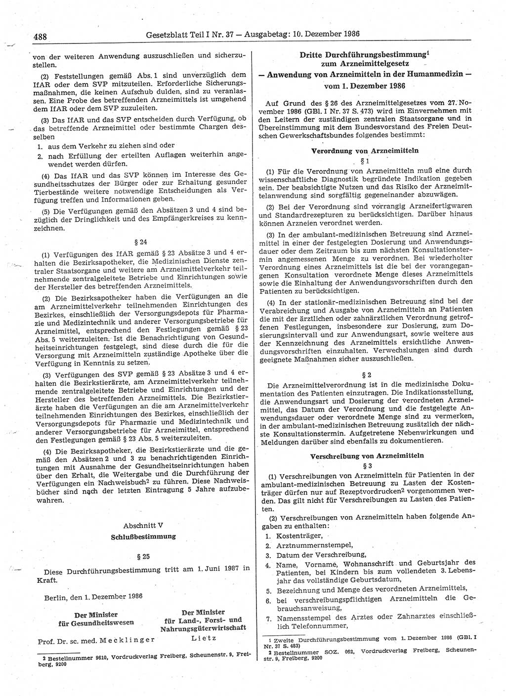 Gesetzblatt (GBl.) der Deutschen Demokratischen Republik (DDR) Teil Ⅰ 1986, Seite 488 (GBl. DDR Ⅰ 1986, S. 488)