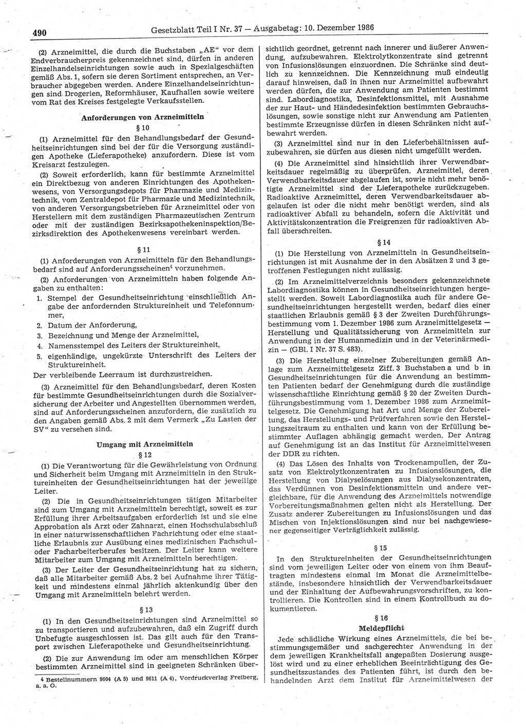 Gesetzblatt (GBl.) der Deutschen Demokratischen Republik (DDR) Teil Ⅰ 1986, Seite 490 (GBl. DDR Ⅰ 1986, S. 490)