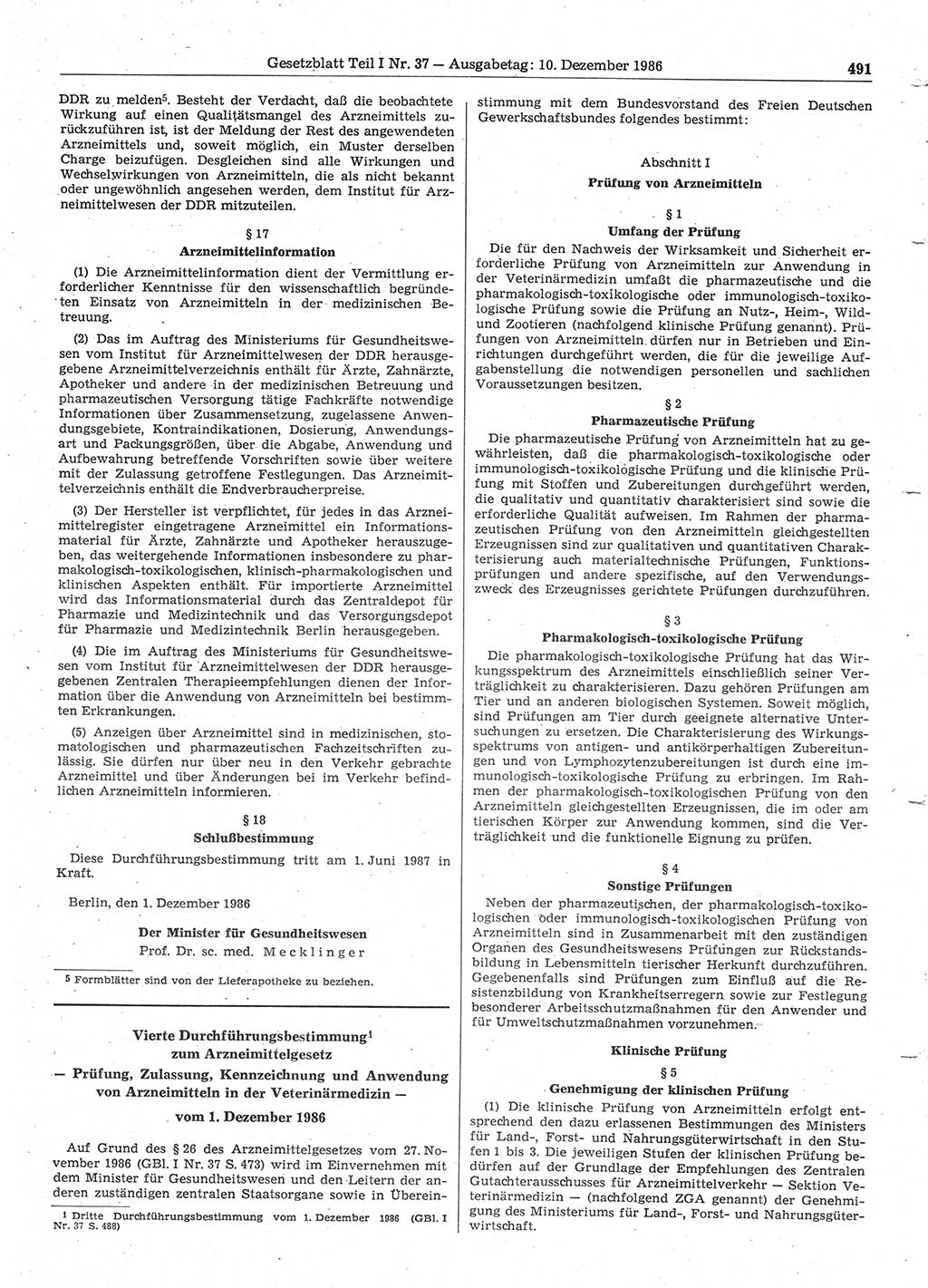 Gesetzblatt (GBl.) der Deutschen Demokratischen Republik (DDR) Teil Ⅰ 1986, Seite 491 (GBl. DDR Ⅰ 1986, S. 491)