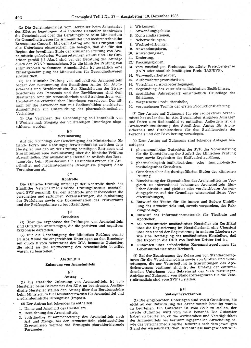 Gesetzblatt (GBl.) der Deutschen Demokratischen Republik (DDR) Teil Ⅰ 1986, Seite 492 (GBl. DDR Ⅰ 1986, S. 492)