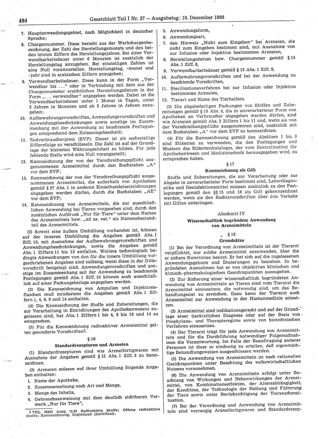 Gesetzblatt (GBl.) der Deutschen Demokratischen Republik (DDR) Teil Ⅰ 1986, Seite 494 (GBl. DDR Ⅰ 1986, S. 494)