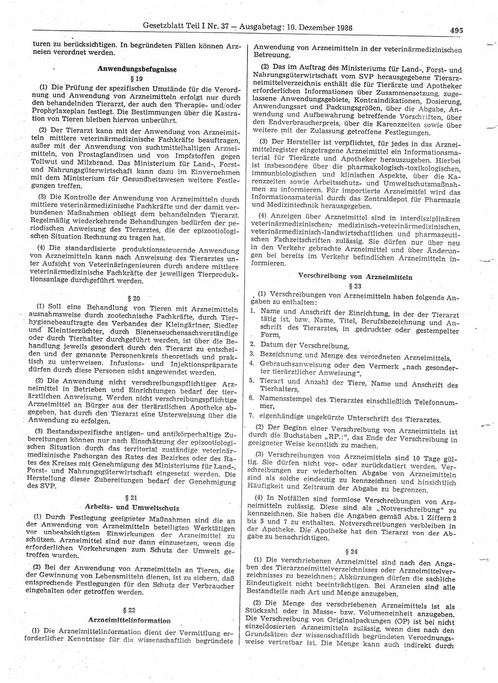 Gesetzblatt (GBl.) der Deutschen Demokratischen Republik (DDR) Teil Ⅰ 1986, Seite 495 (GBl. DDR Ⅰ 1986, S. 495)