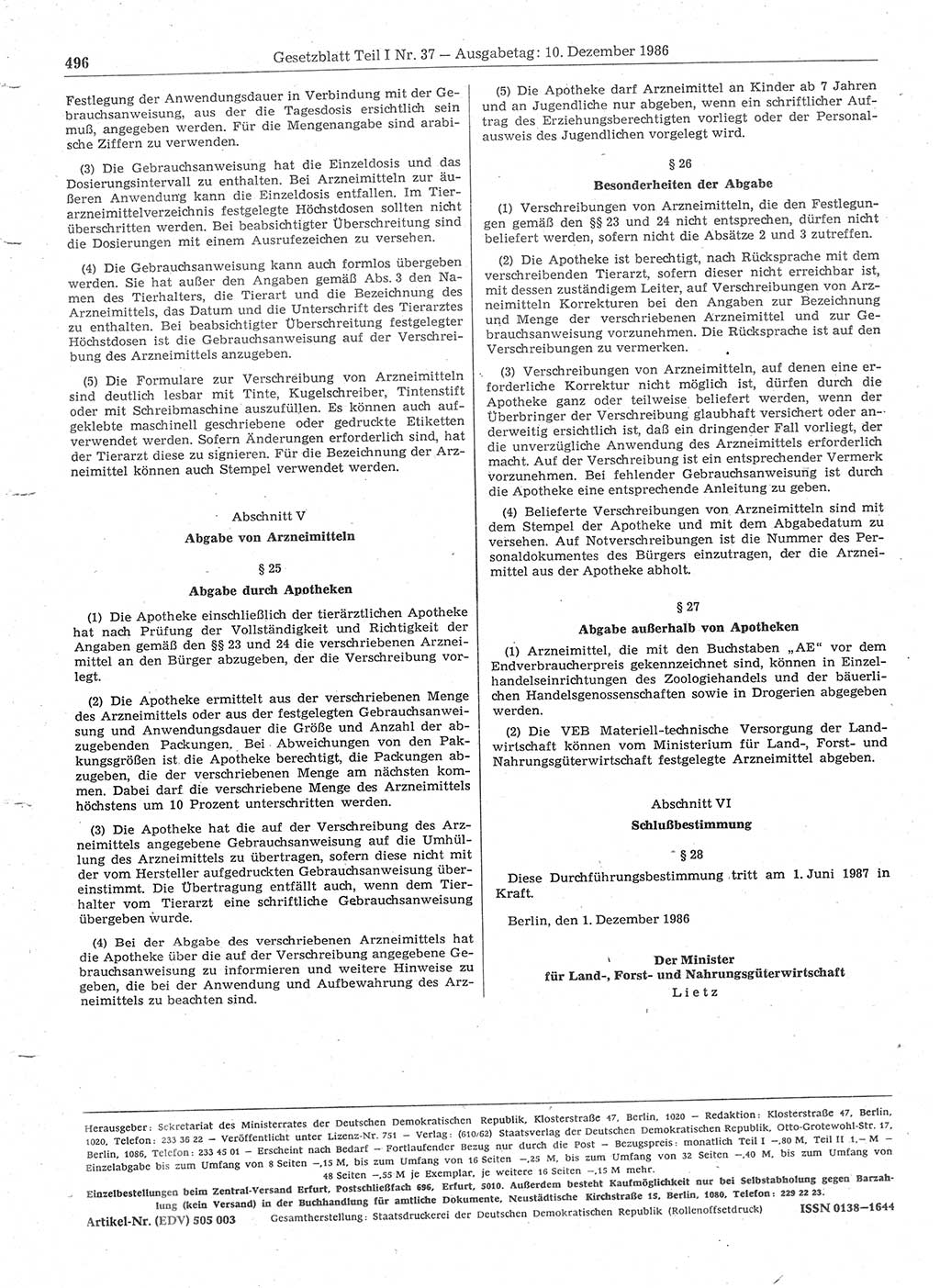 Gesetzblatt (GBl.) der Deutschen Demokratischen Republik (DDR) Teil Ⅰ 1986, Seite 496 (GBl. DDR Ⅰ 1986, S. 496)