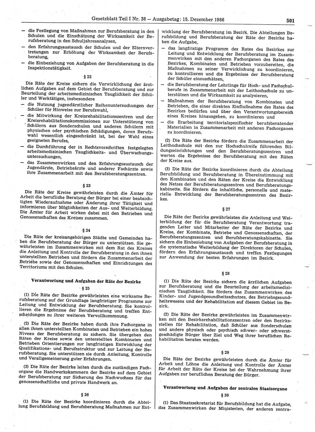 Gesetzblatt (GBl.) der Deutschen Demokratischen Republik (DDR) Teil Ⅰ 1986, Seite 501 (GBl. DDR Ⅰ 1986, S. 501)