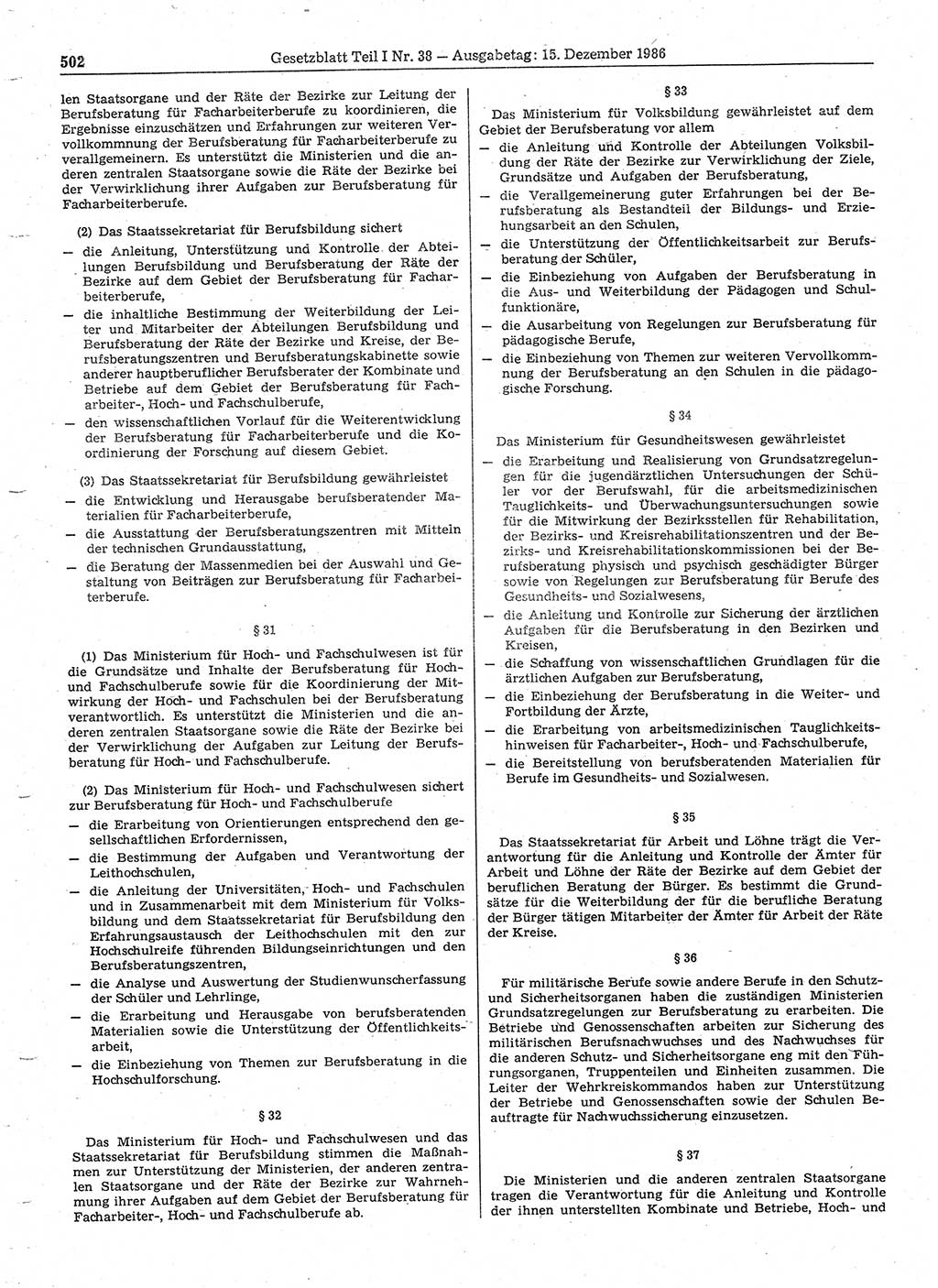 Gesetzblatt (GBl.) der Deutschen Demokratischen Republik (DDR) Teil Ⅰ 1986, Seite 502 (GBl. DDR Ⅰ 1986, S. 502)