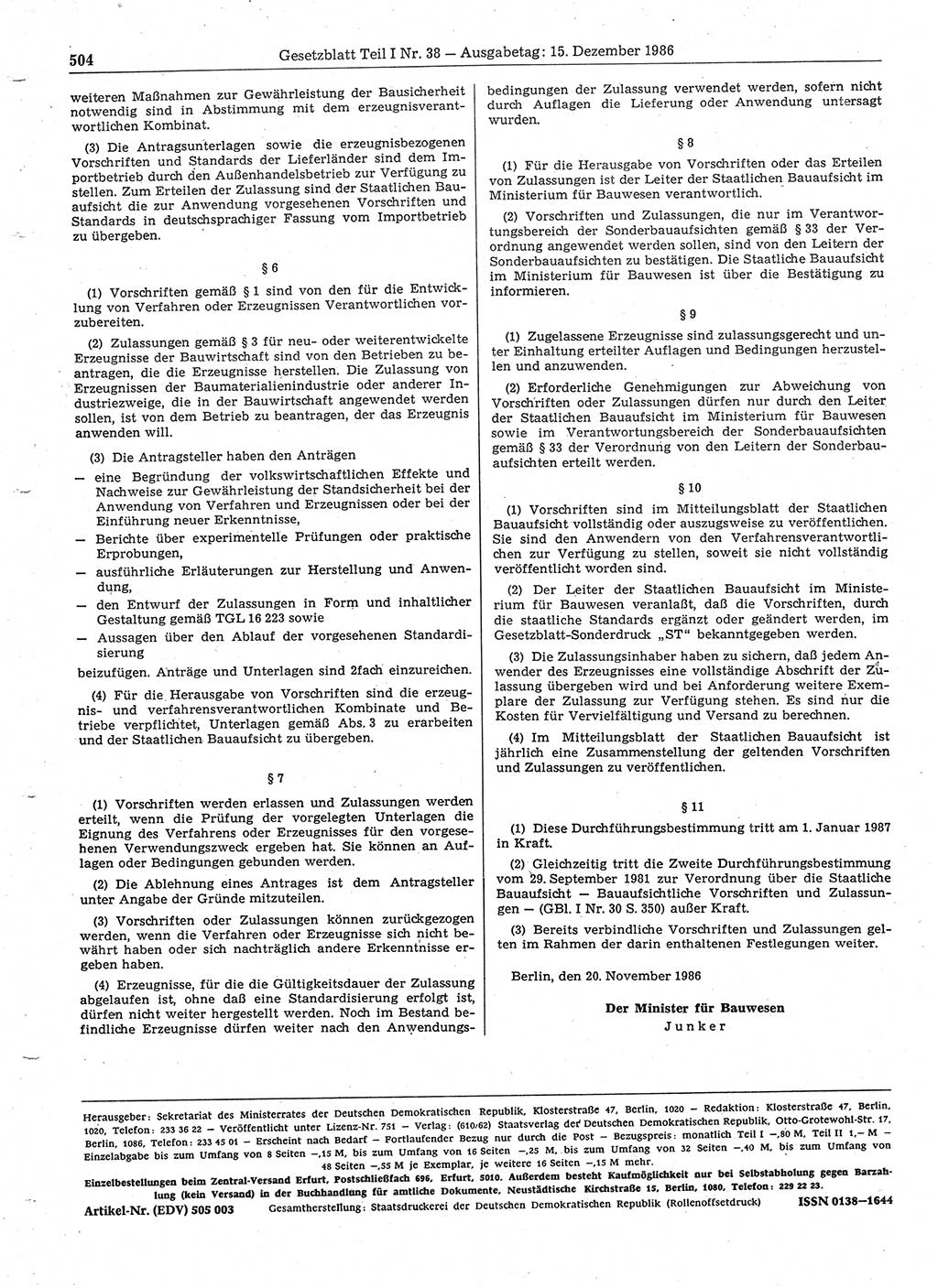 Gesetzblatt (GBl.) der Deutschen Demokratischen Republik (DDR) Teil Ⅰ 1986, Seite 504 (GBl. DDR Ⅰ 1986, S. 504)