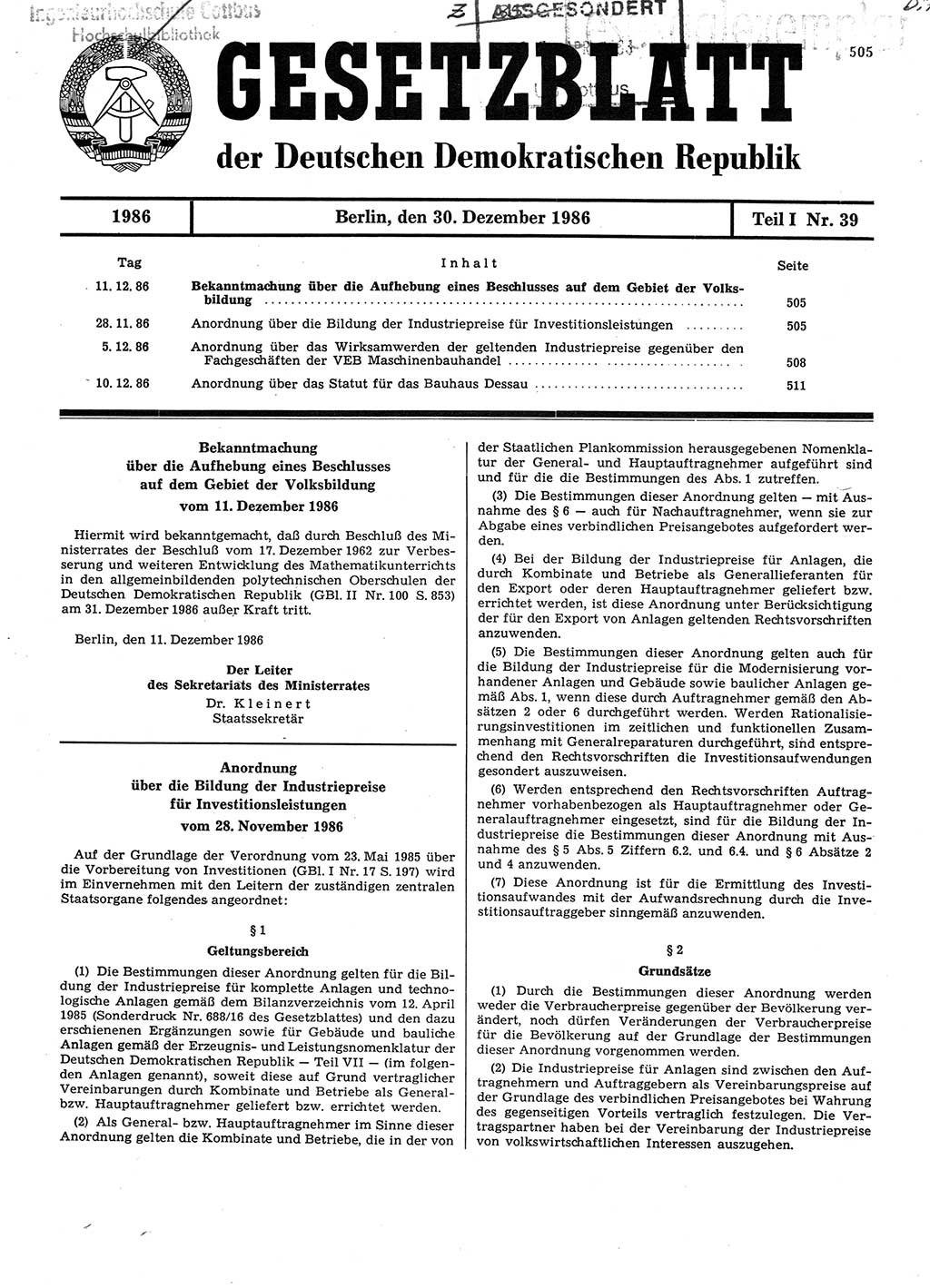 Gesetzblatt (GBl.) der Deutschen Demokratischen Republik (DDR) Teil Ⅰ 1986, Seite 505 (GBl. DDR Ⅰ 1986, S. 505)