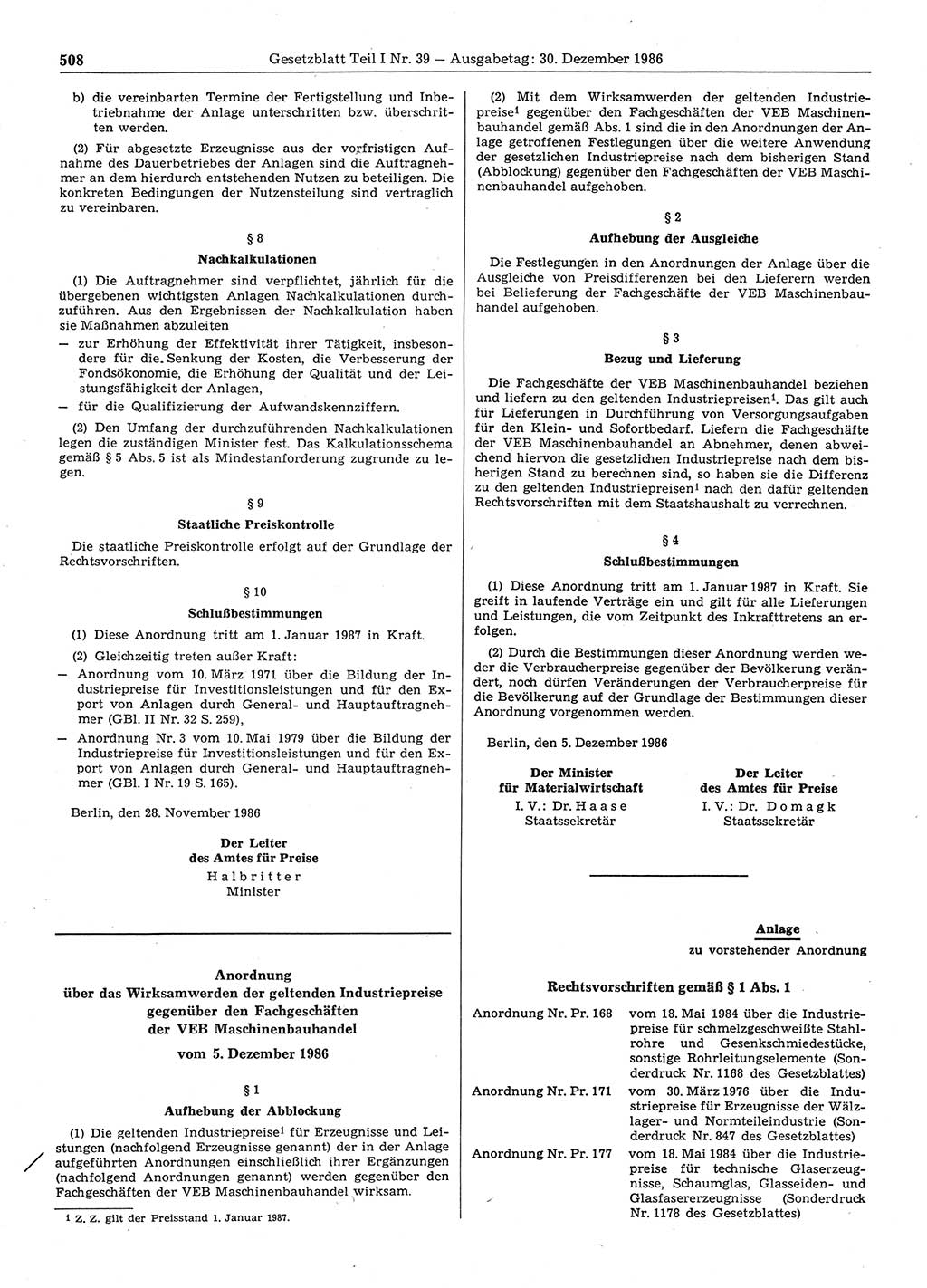 Gesetzblatt (GBl.) der Deutschen Demokratischen Republik (DDR) Teil Ⅰ 1986, Seite 508 (GBl. DDR Ⅰ 1986, S. 508)