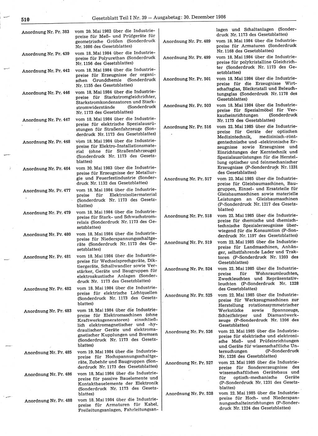 Gesetzblatt (GBl.) der Deutschen Demokratischen Republik (DDR) Teil Ⅰ 1986, Seite 510 (GBl. DDR Ⅰ 1986, S. 510)