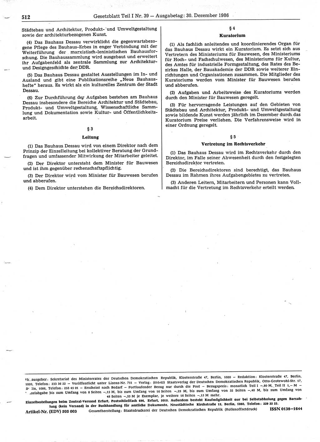 Gesetzblatt (GBl.) der Deutschen Demokratischen Republik (DDR) Teil Ⅰ 1986, Seite 512 (GBl. DDR Ⅰ 1986, S. 512)
