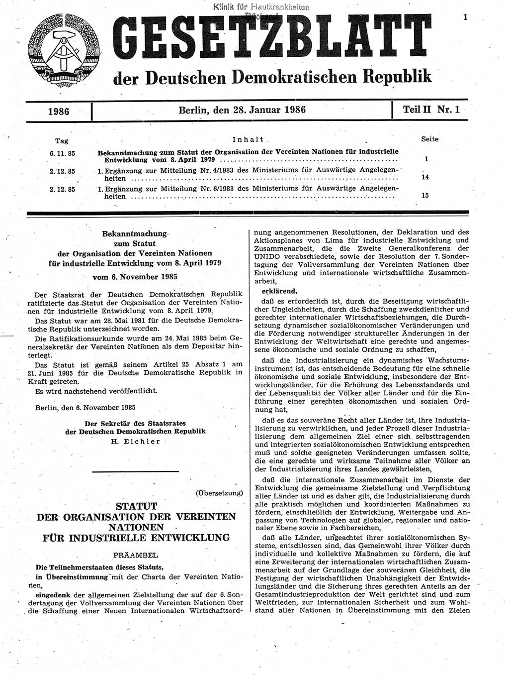 Gesetzblatt (GBl.) der Deutschen Demokratischen Republik (DDR) Teil ⅠⅠ 1986, Seite 1 (GBl. DDR ⅠⅠ 1986, S. 1)