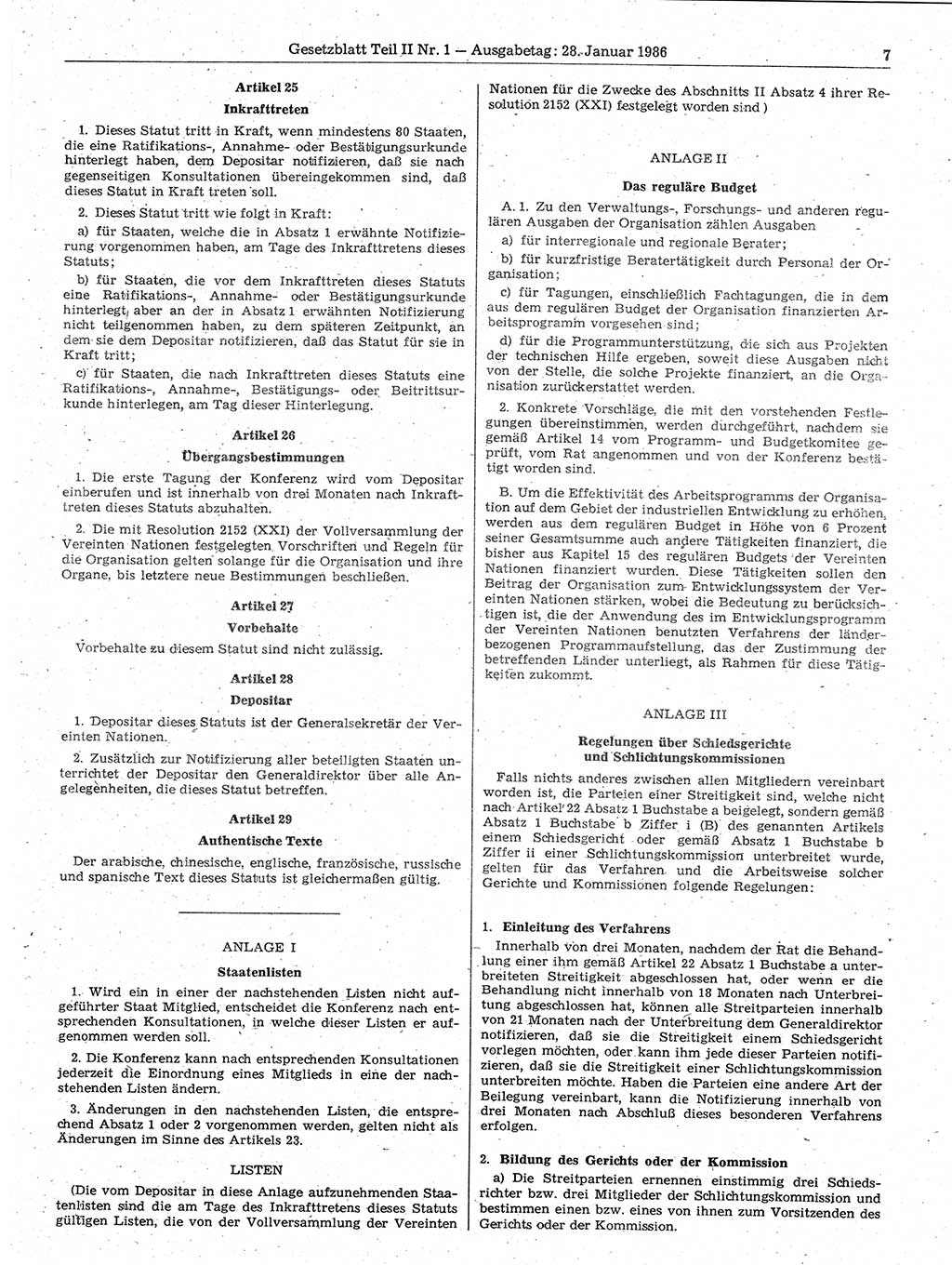 Gesetzblatt (GBl.) der Deutschen Demokratischen Republik (DDR) Teil ⅠⅠ 1986, Seite 7 (GBl. DDR ⅠⅠ 1986, S. 7)