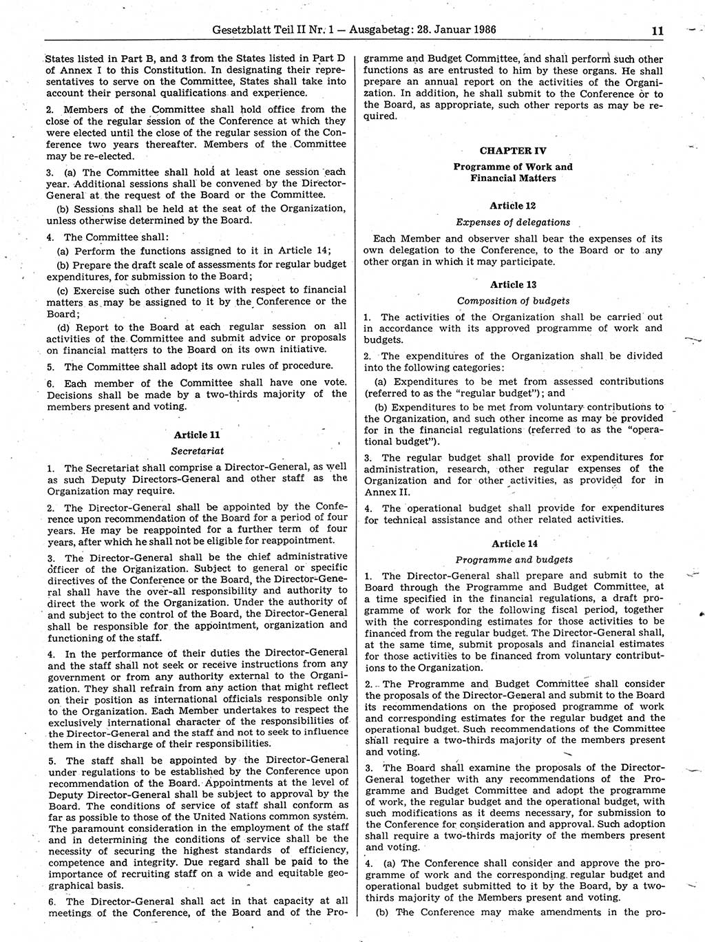Gesetzblatt (GBl.) der Deutschen Demokratischen Republik (DDR) Teil ⅠⅠ 1986, Seite 11 (GBl. DDR ⅠⅠ 1986, S. 11)