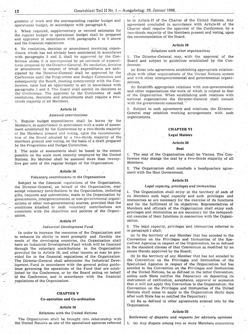 Gesetzblatt (GBl.) der Deutschen Demokratischen Republik (DDR) Teil ⅠⅠ 1986, Seite 12 (GBl. DDR ⅠⅠ 1986, S. 12)
