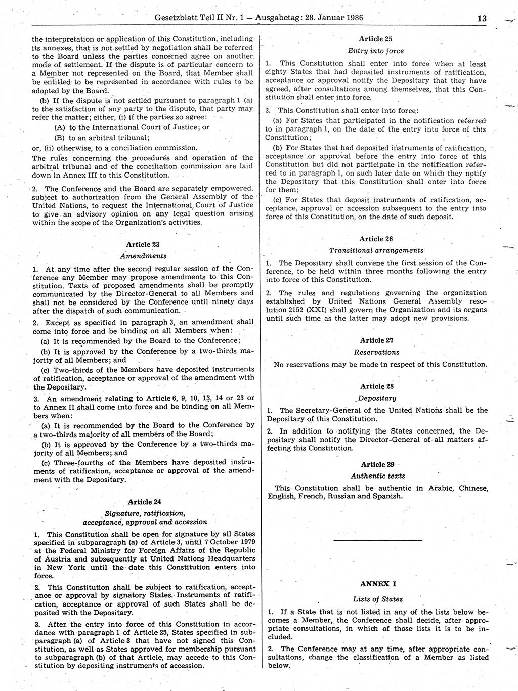 Gesetzblatt (GBl.) der Deutschen Demokratischen Republik (DDR) Teil ⅠⅠ 1986, Seite 13 (GBl. DDR ⅠⅠ 1986, S. 13)