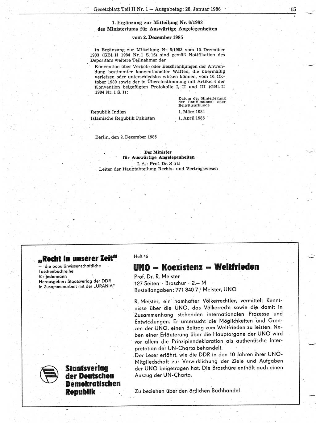 Gesetzblatt (GBl.) der Deutschen Demokratischen Republik (DDR) Teil ⅠⅠ 1986, Seite 15 (GBl. DDR ⅠⅠ 1986, S. 15)