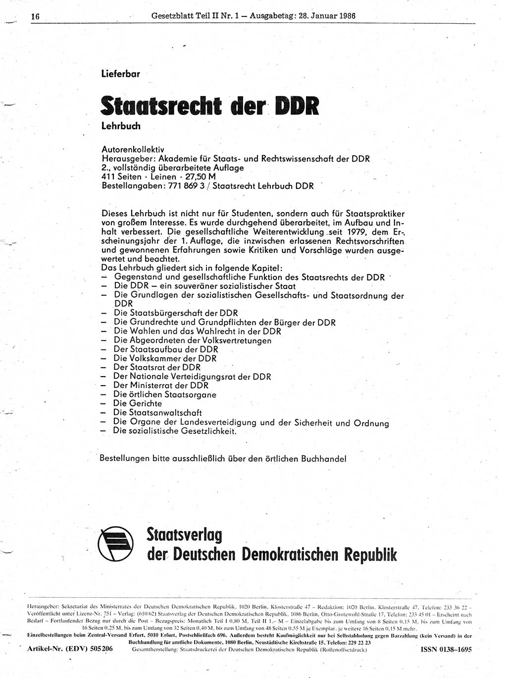 Gesetzblatt (GBl.) der Deutschen Demokratischen Republik (DDR) Teil ⅠⅠ 1986, Seite 16 (GBl. DDR ⅠⅠ 1986, S. 16)