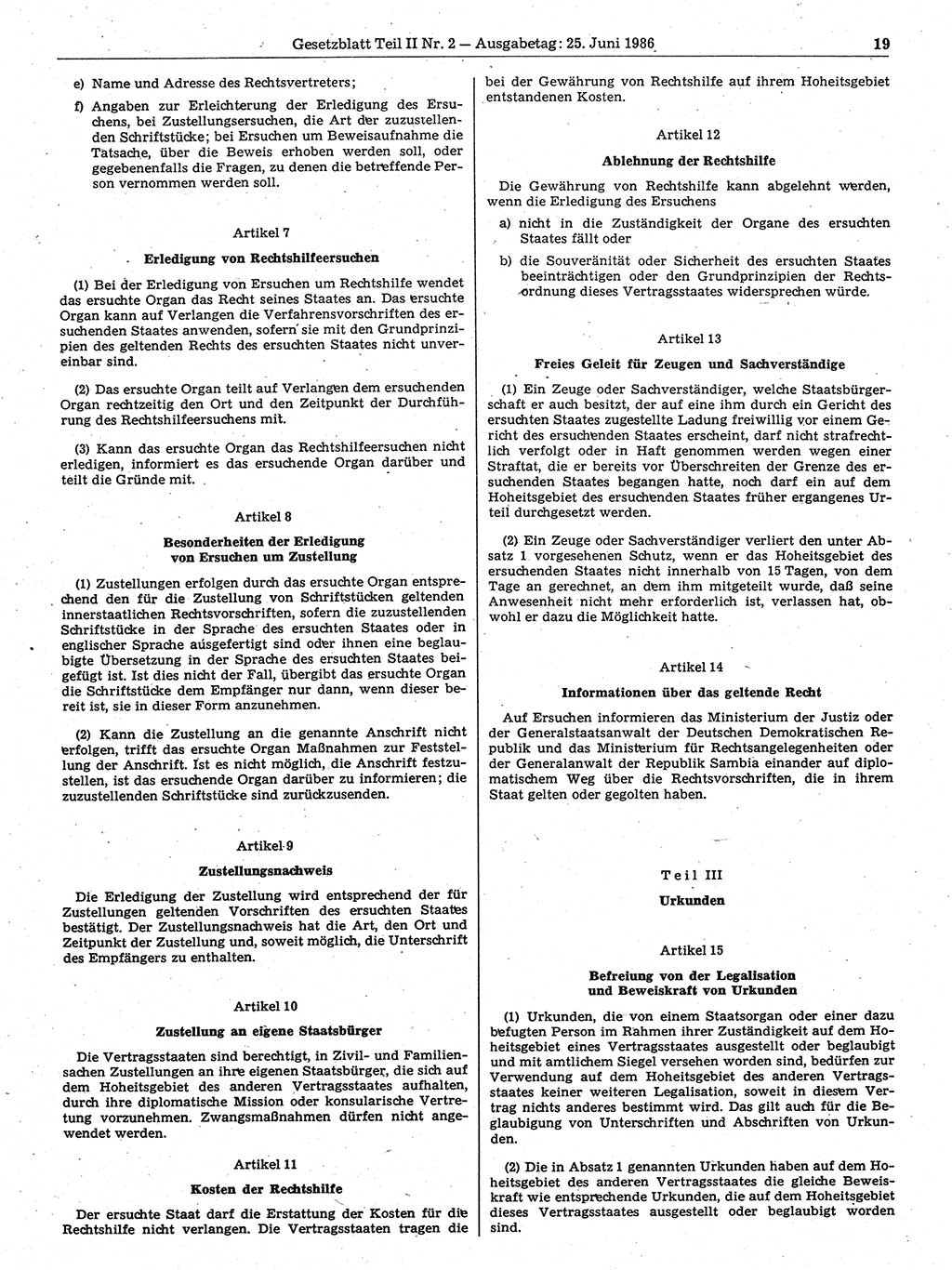 Gesetzblatt (GBl.) der Deutschen Demokratischen Republik (DDR) Teil ⅠⅠ 1986, Seite 19 (GBl. DDR ⅠⅠ 1986, S. 19)