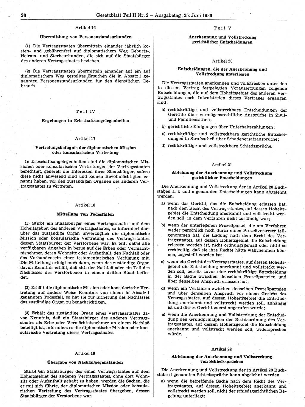 Gesetzblatt (GBl.) der Deutschen Demokratischen Republik (DDR) Teil ⅠⅠ 1986, Seite 20 (GBl. DDR ⅠⅠ 1986, S. 20)