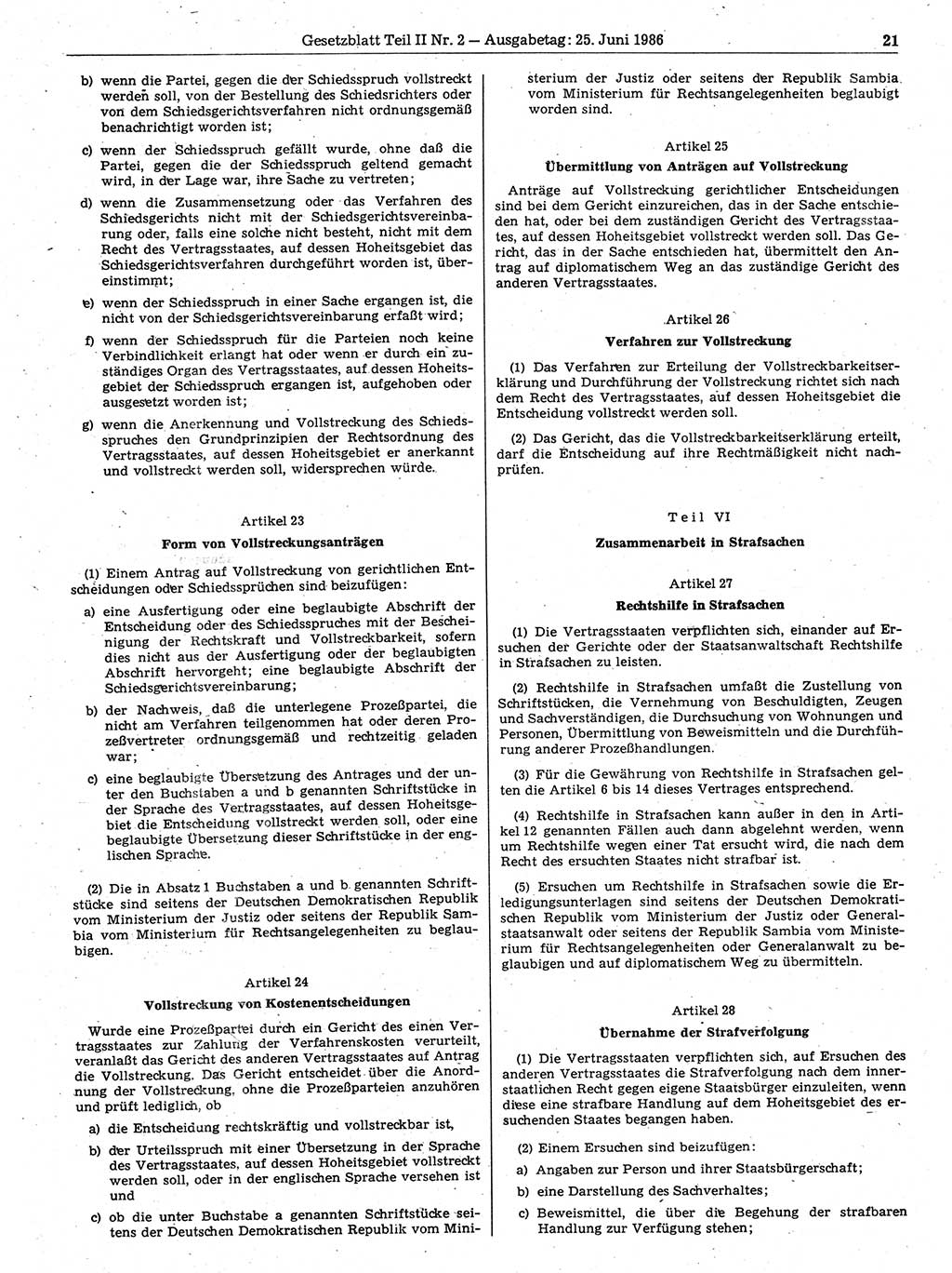 Gesetzblatt (GBl.) der Deutschen Demokratischen Republik (DDR) Teil ⅠⅠ 1986, Seite 21 (GBl. DDR ⅠⅠ 1986, S. 21)