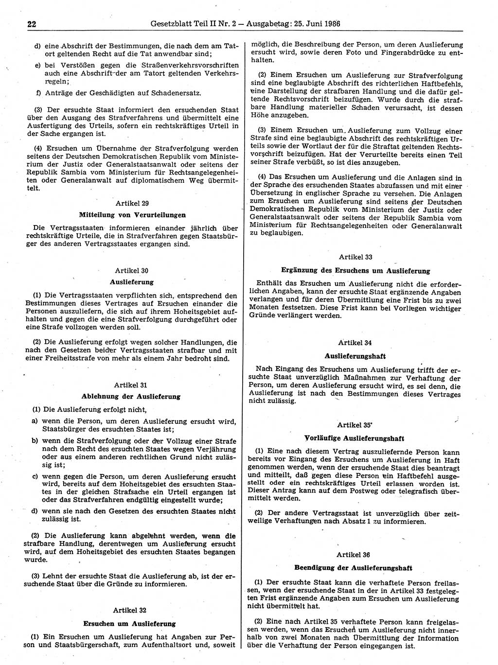 Gesetzblatt (GBl.) der Deutschen Demokratischen Republik (DDR) Teil ⅠⅠ 1986, Seite 22 (GBl. DDR ⅠⅠ 1986, S. 22)