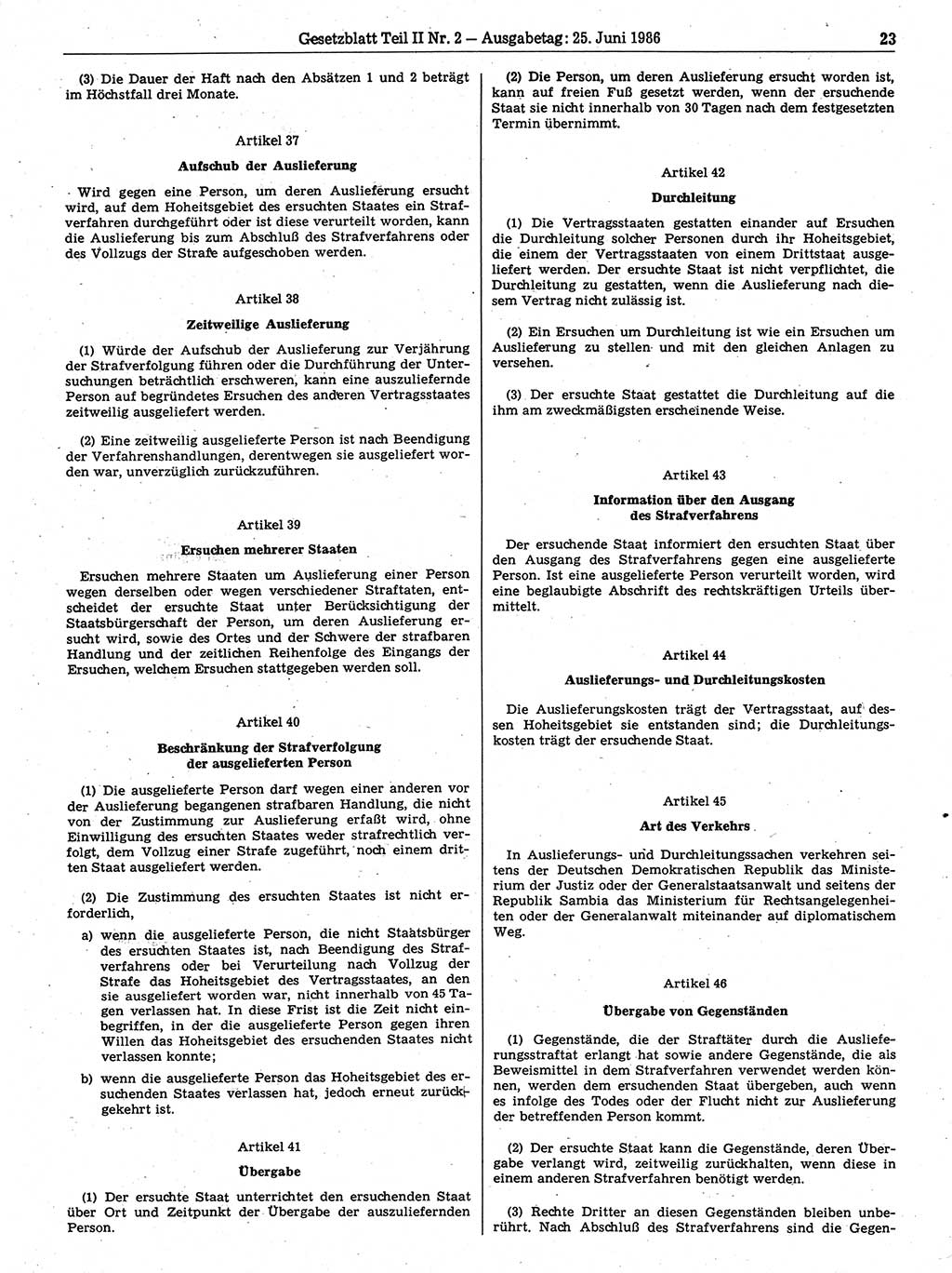 Gesetzblatt (GBl.) der Deutschen Demokratischen Republik (DDR) Teil ⅠⅠ 1986, Seite 23 (GBl. DDR ⅠⅠ 1986, S. 23)