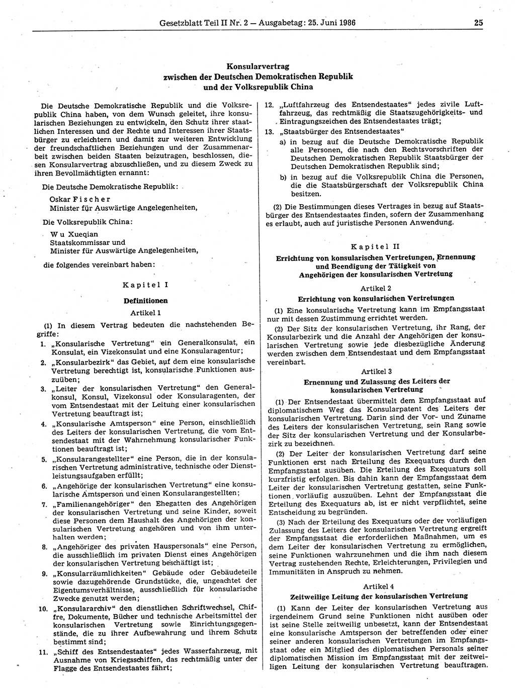 Gesetzblatt (GBl.) der Deutschen Demokratischen Republik (DDR) Teil ⅠⅠ 1986, Seite 25 (GBl. DDR ⅠⅠ 1986, S. 25)
