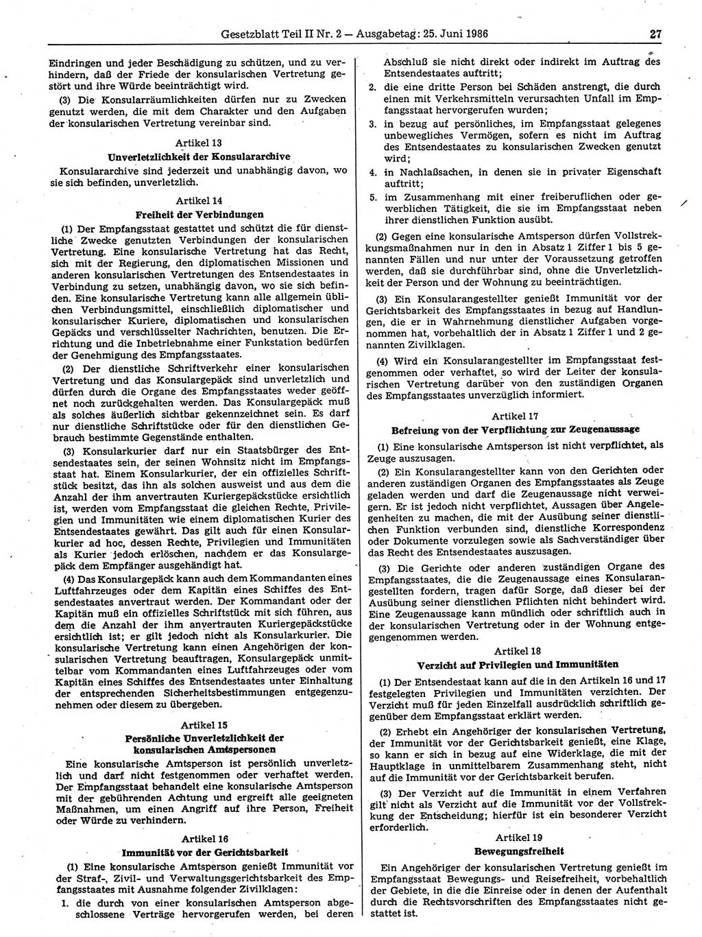 Gesetzblatt (GBl.) der Deutschen Demokratischen Republik (DDR) Teil ⅠⅠ 1986, Seite 27 (GBl. DDR ⅠⅠ 1986, S. 27)