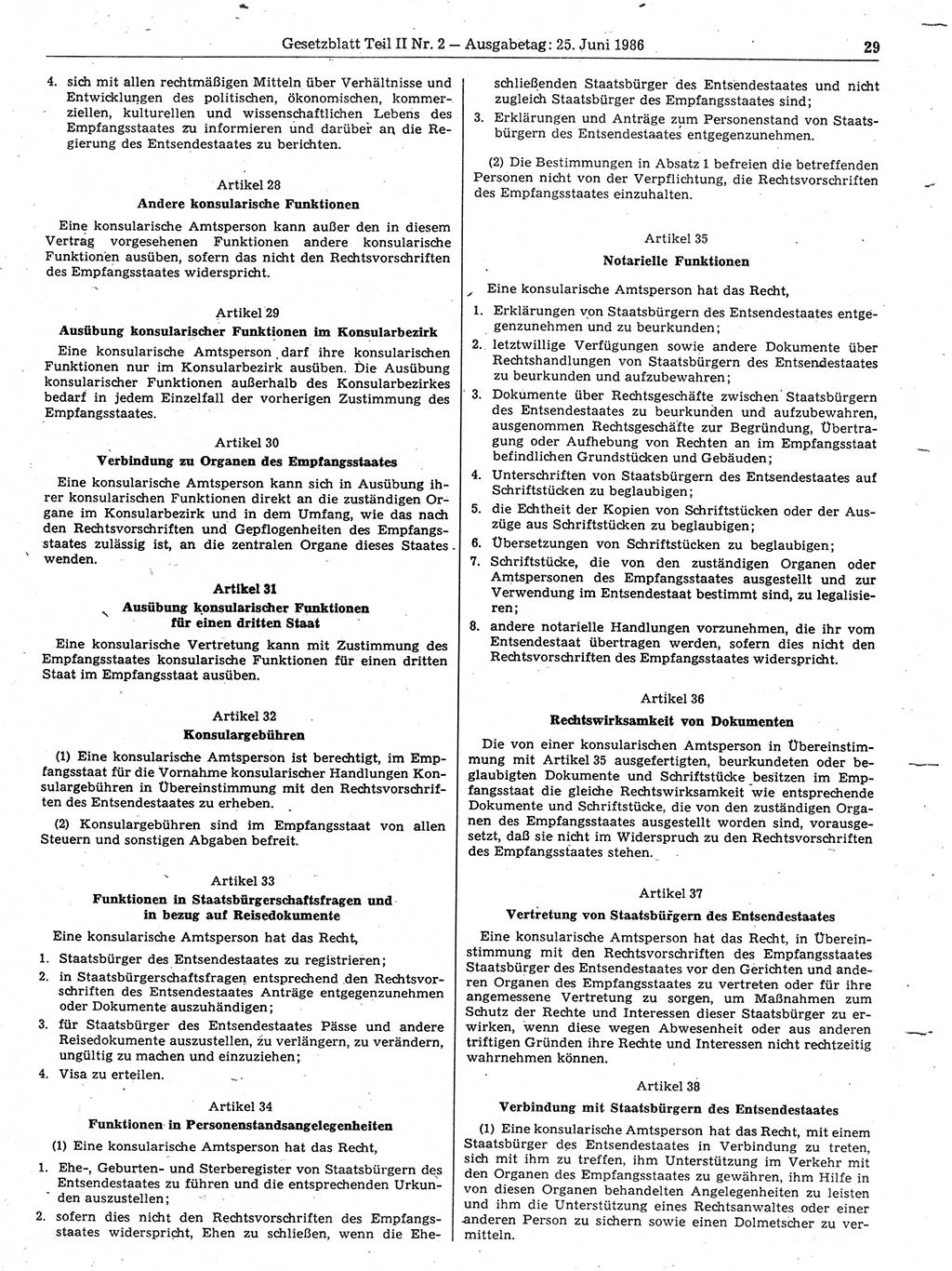 Gesetzblatt (GBl.) der Deutschen Demokratischen Republik (DDR) Teil ⅠⅠ 1986, Seite 29 (GBl. DDR ⅠⅠ 1986, S. 29)