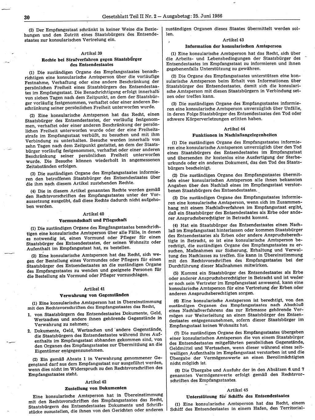 Gesetzblatt (GBl.) der Deutschen Demokratischen Republik (DDR) Teil ⅠⅠ 1986, Seite 30 (GBl. DDR ⅠⅠ 1986, S. 30)
