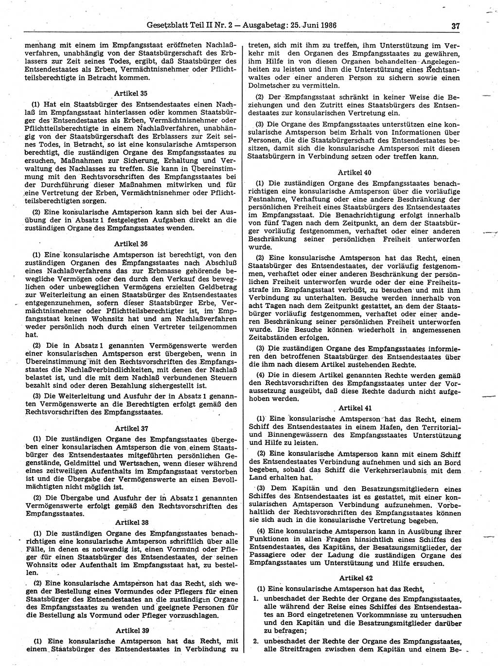 Gesetzblatt (GBl.) der Deutschen Demokratischen Republik (DDR) Teil ⅠⅠ 1986, Seite 37 (GBl. DDR ⅠⅠ 1986, S. 37)