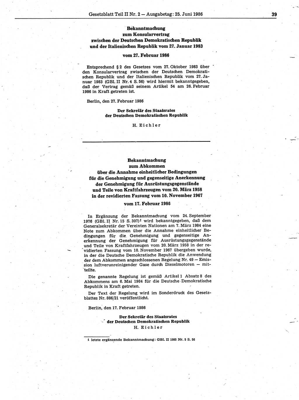 Gesetzblatt (GBl.) der Deutschen Demokratischen Republik (DDR) Teil ⅠⅠ 1986, Seite 39 (GBl. DDR ⅠⅠ 1986, S. 39)