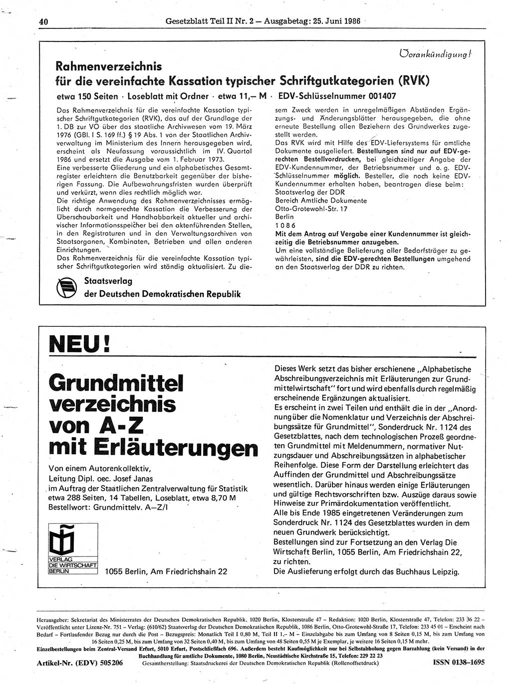 Gesetzblatt (GBl.) der Deutschen Demokratischen Republik (DDR) Teil ⅠⅠ 1986, Seite 40 (GBl. DDR ⅠⅠ 1986, S. 40)