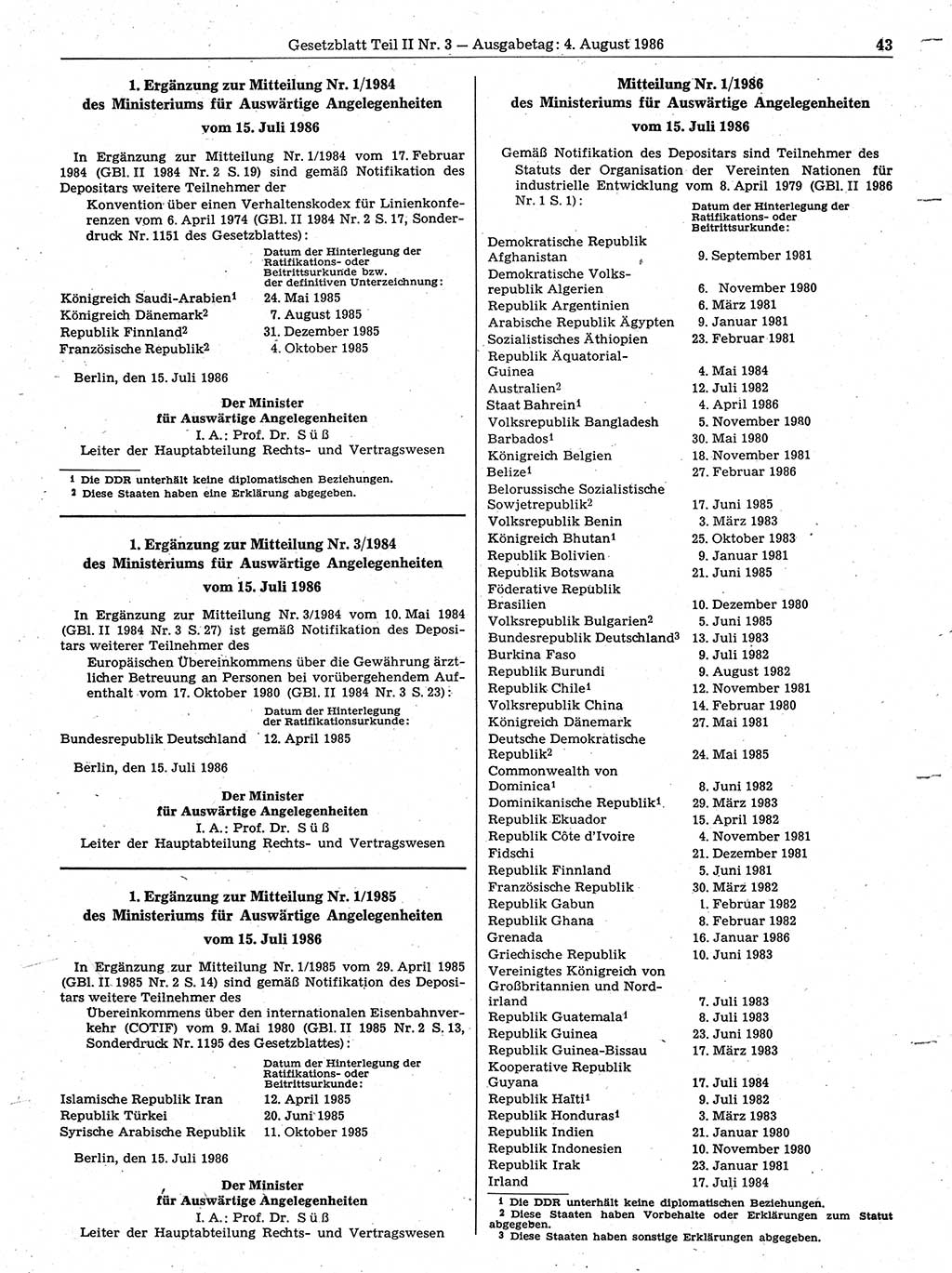 Gesetzblatt (GBl.) der Deutschen Demokratischen Republik (DDR) Teil ⅠⅠ 1986, Seite 43 (GBl. DDR ⅠⅠ 1986, S. 43)