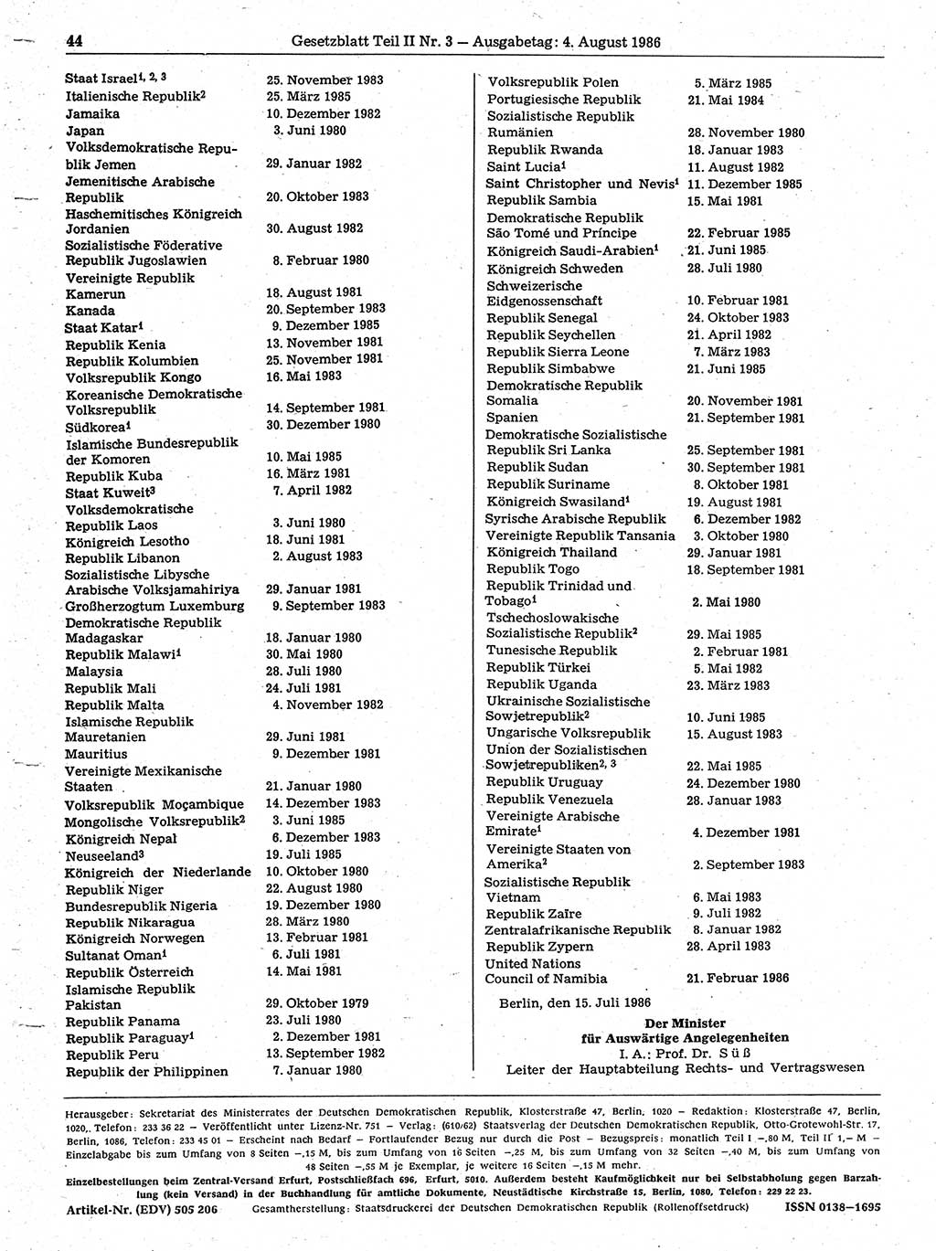 Gesetzblatt (GBl.) der Deutschen Demokratischen Republik (DDR) Teil ⅠⅠ 1986, Seite 44 (GBl. DDR ⅠⅠ 1986, S. 44)