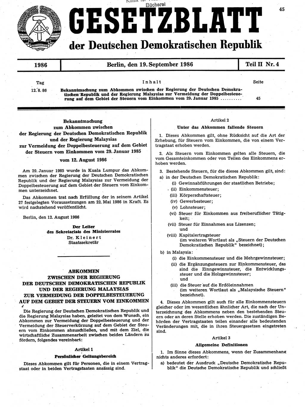 Gesetzblatt (GBl.) der Deutschen Demokratischen Republik (DDR) Teil ⅠⅠ 1986, Seite 45 (GBl. DDR ⅠⅠ 1986, S. 45)