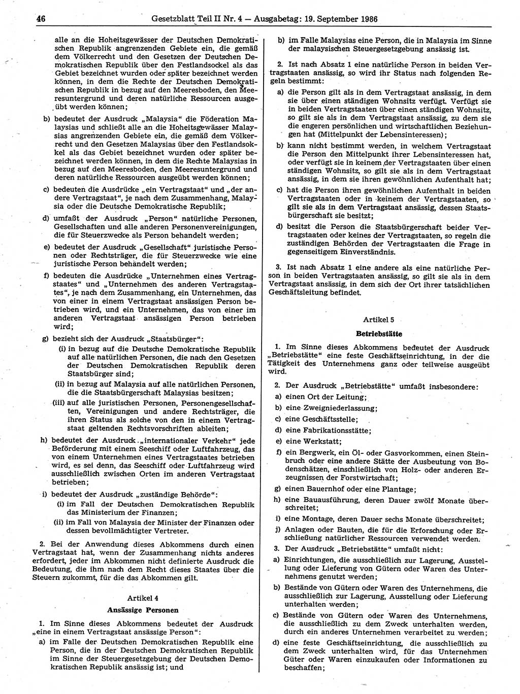 Gesetzblatt (GBl.) der Deutschen Demokratischen Republik (DDR) Teil ⅠⅠ 1986, Seite 46 (GBl. DDR ⅠⅠ 1986, S. 46)